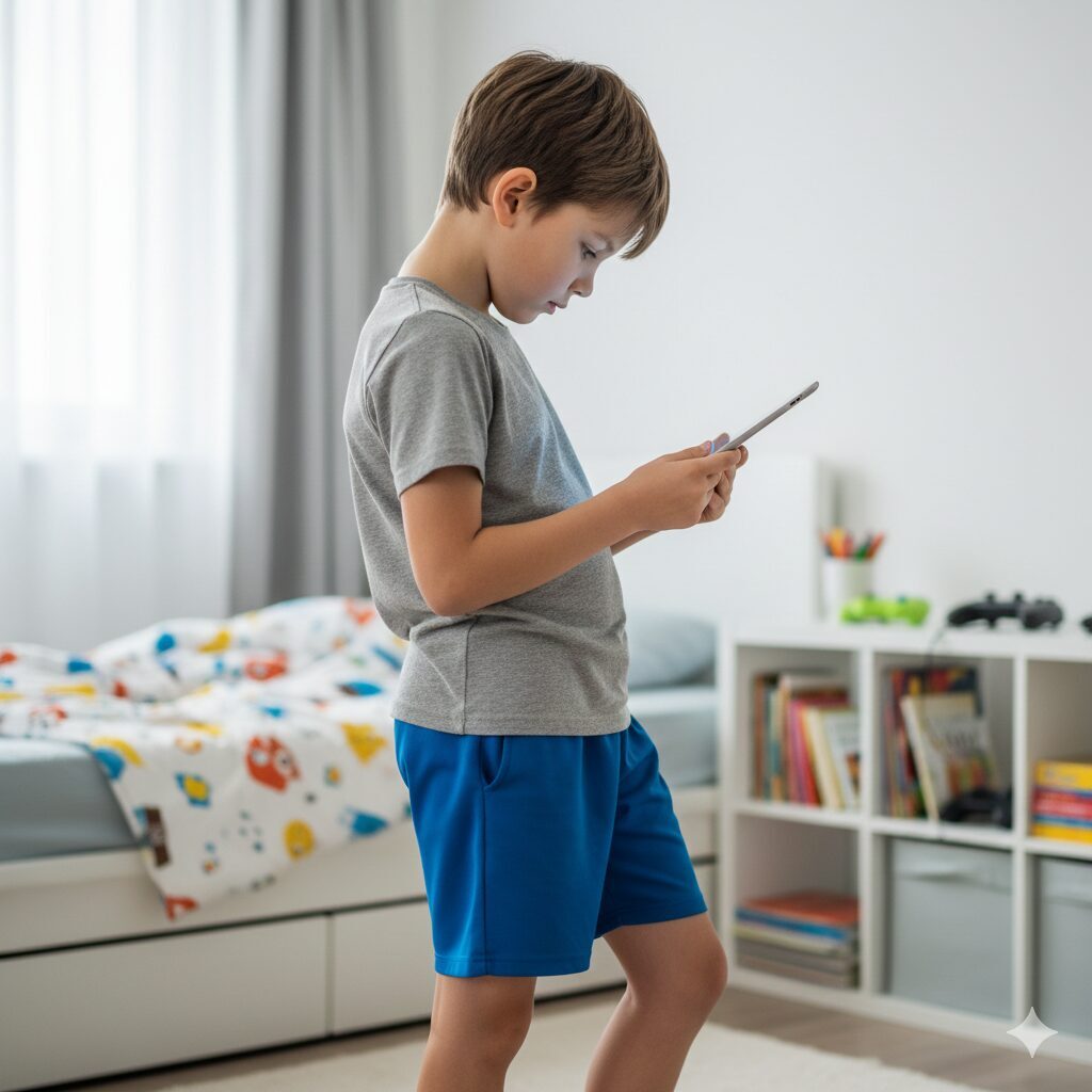 子供が姿勢を悪くゲームをしている姿